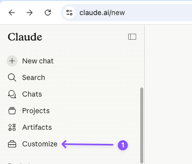 Claude sidebar with arrow pointing to Customize