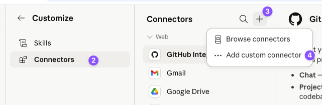Connectors page showing the + button and Add custom connector option