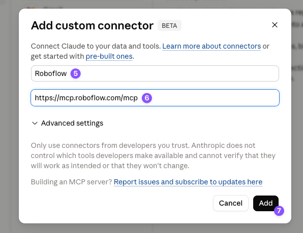 Add custom connector dialog with Roboflow name and URL filled in